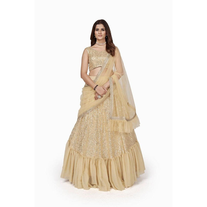 Odette Women Cream Georgette Semi-Stitched Lehenga With Unstitched Blouse & Dupatta (Set of 3)