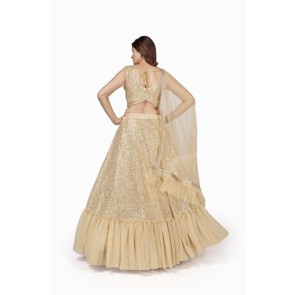 Odette Women Cream Georgette Semi-Stitched Lehenga With Unstitched Blouse & Dupatta (Set of 3)