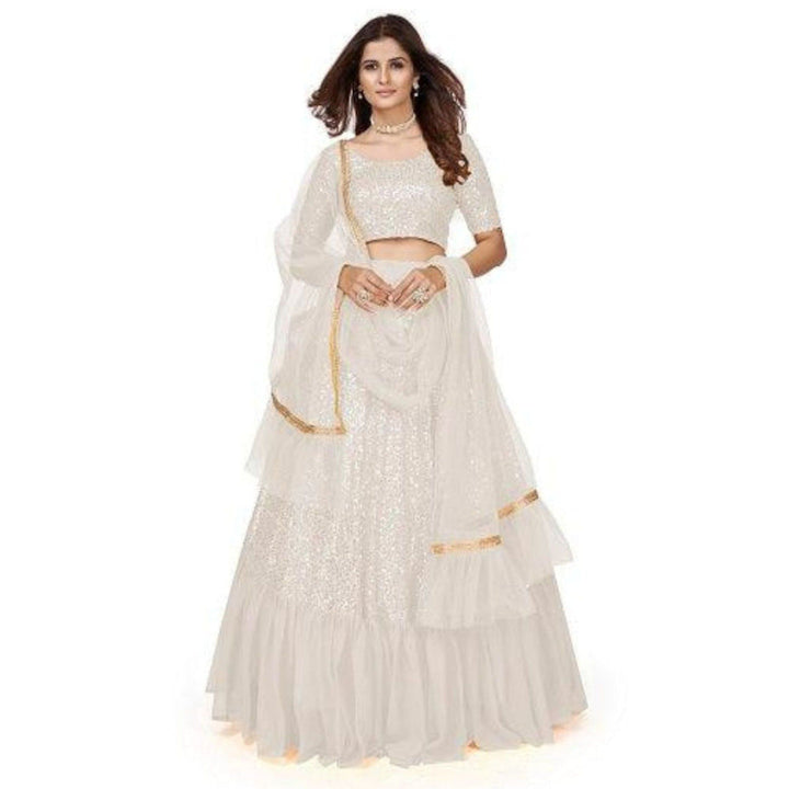 Odette Women White Georgette Semi-Stitched Lehenga With Unstitched Blouse & Dupatta (Set of 3)