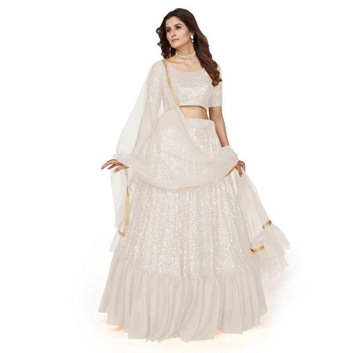 Odette Women White Georgette Semi-Stitched Lehenga With Unstitched Blouse & Dupatta (Set of 3)