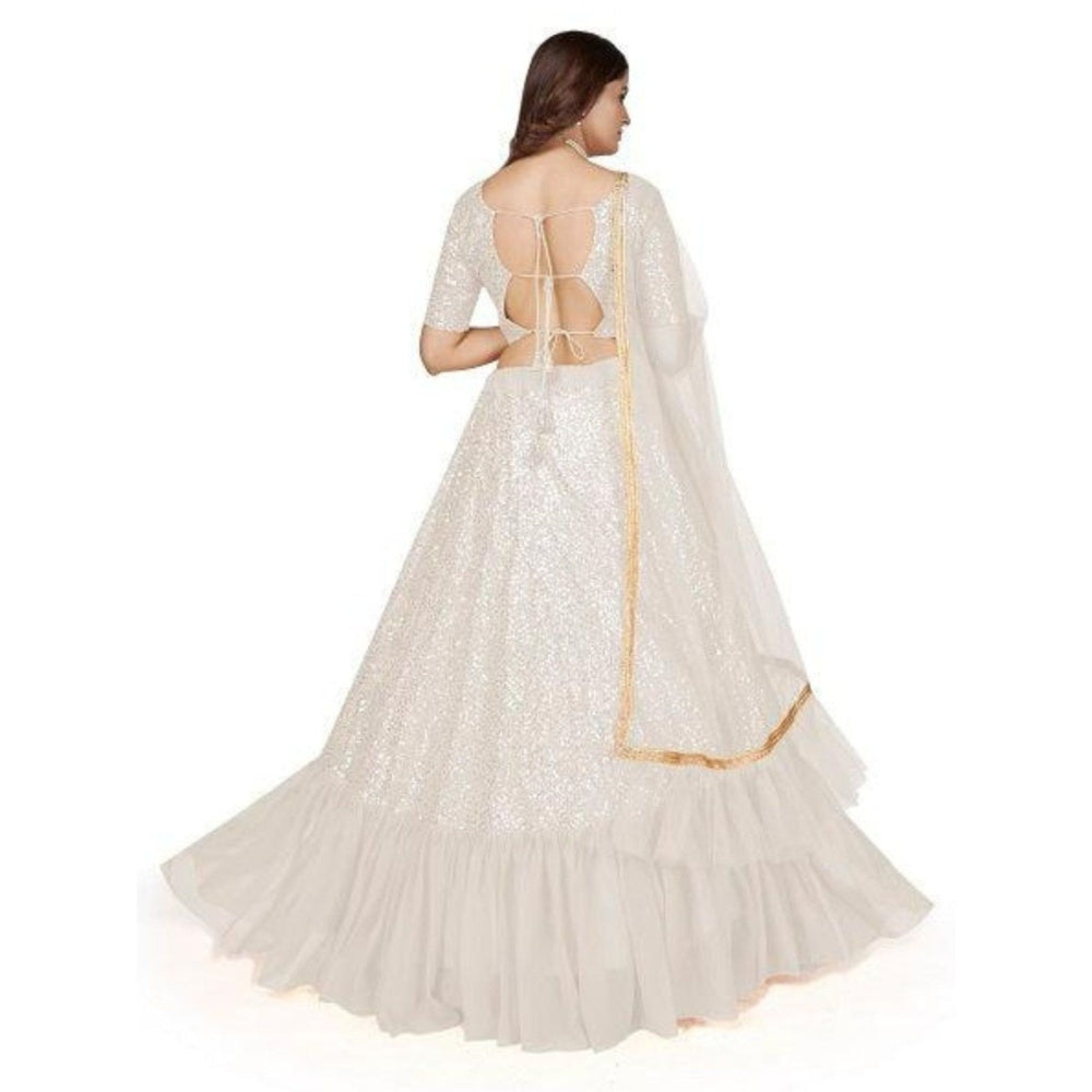 Odette Women White Georgette Semi-Stitched Lehenga With Unstitched Blouse & Dupatta (Set of 3)