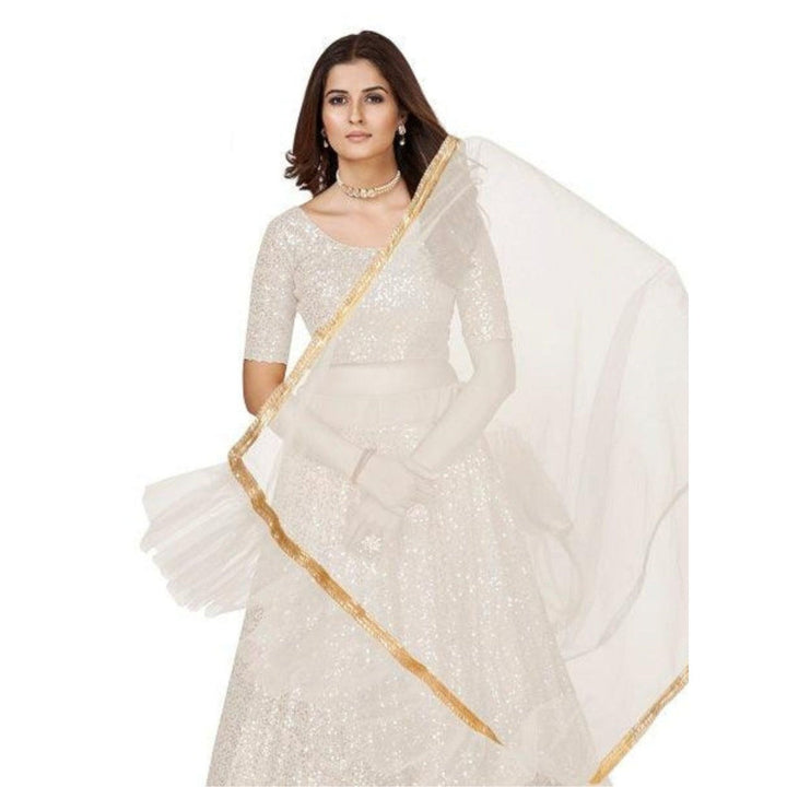 Odette Women White Georgette Semi-Stitched Lehenga With Unstitched Blouse & Dupatta (Set of 3)