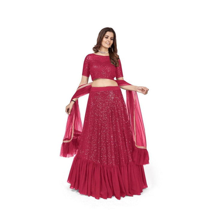 Odette Women Magenta Georgette Semi-Stitched Lehenga With Unstitched Blouse & Dupatta (Set of 3)