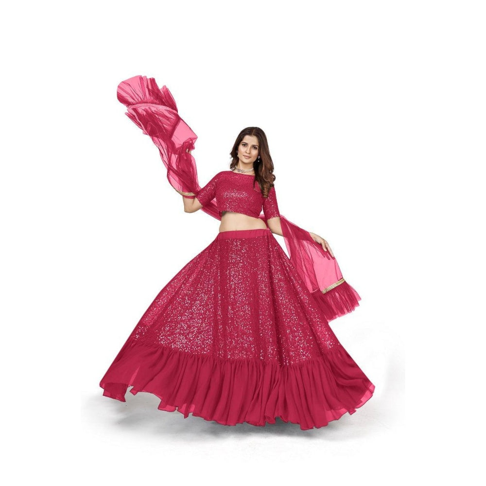 Odette Women Magenta Georgette Semi-Stitched Lehenga With Unstitched Blouse & Dupatta (Set of 3)