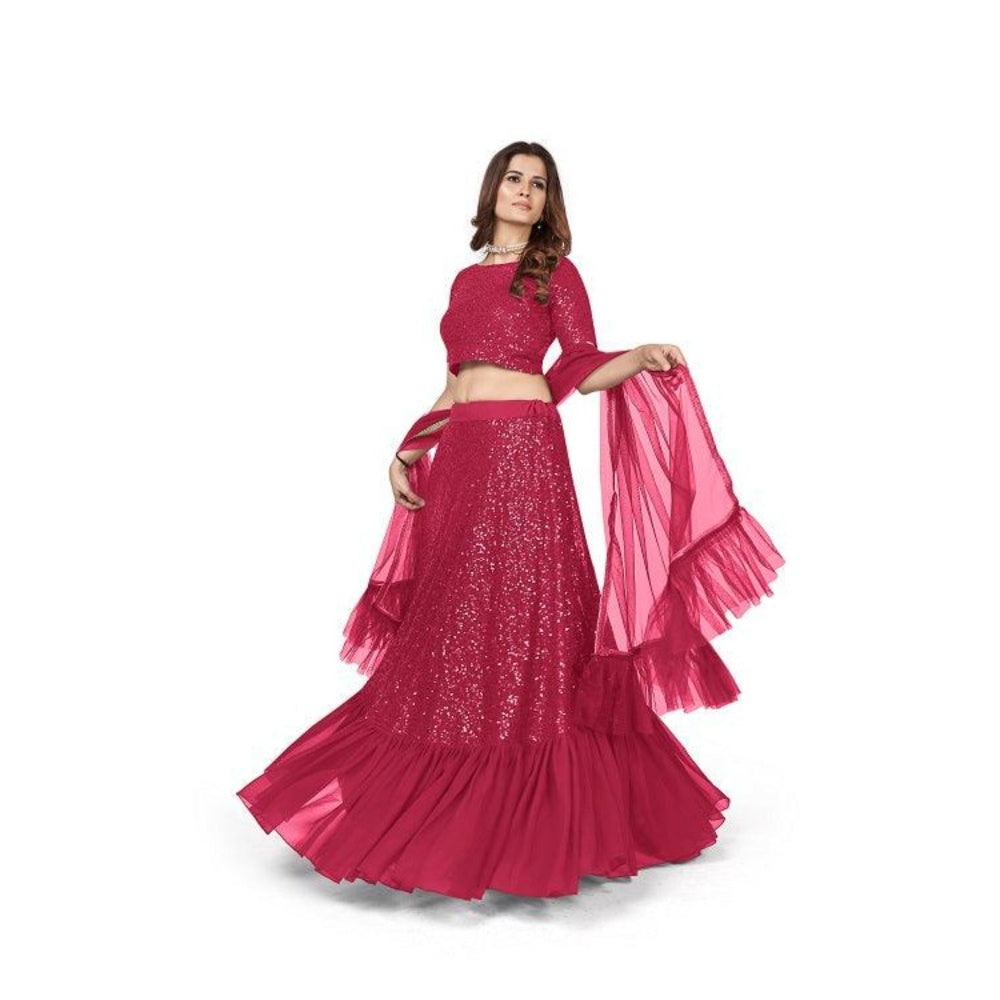 Odette Women Magenta Georgette Semi-Stitched Lehenga With Unstitched Blouse & Dupatta (Set of 3)