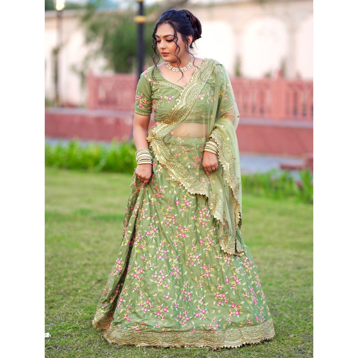 Odette Women Green Semi-Stitched Lehenga With Unstitched Blouse & Dupatta (Set of 3)