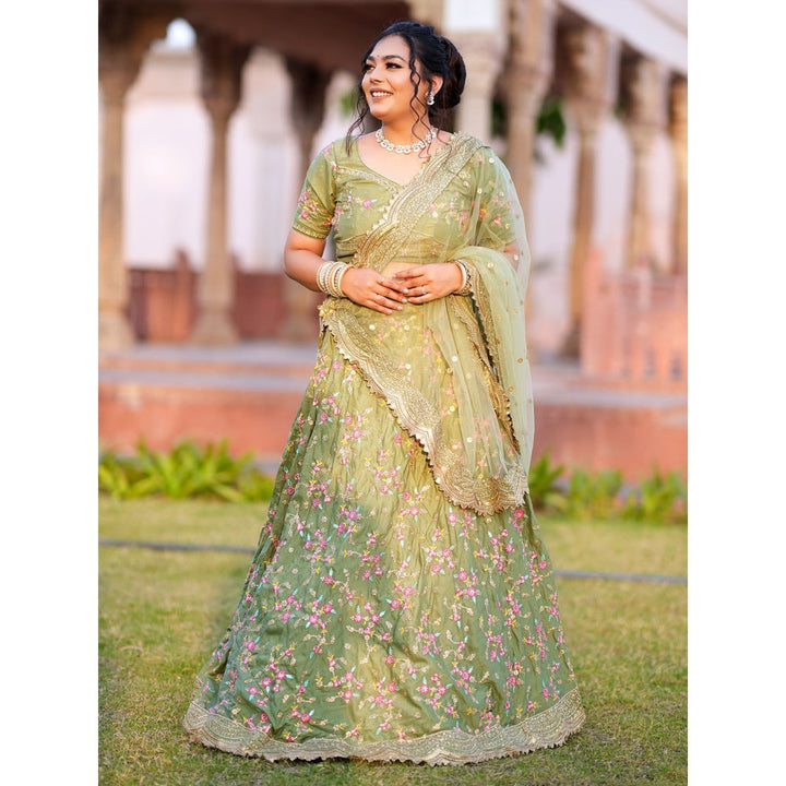 Odette Women Green Semi-Stitched Lehenga With Unstitched Blouse & Dupatta (Set of 3)