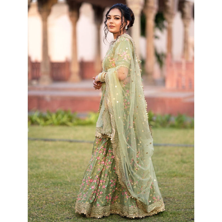 Odette Women Green Semi-Stitched Lehenga With Unstitched Blouse & Dupatta (Set of 3)