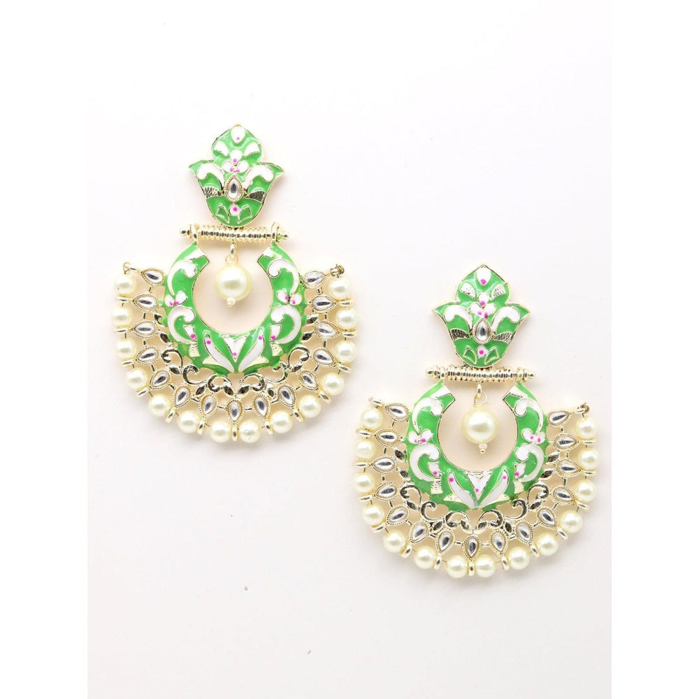 Odette Women Gold Tone Light Green White Tinted Kundan Pearl Dangle Earrings