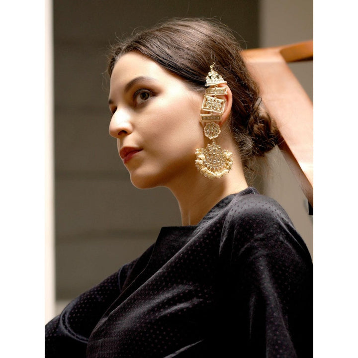 Odette Women Always Golden And Sparkling Dangle With Kundan And Pearl Earrings