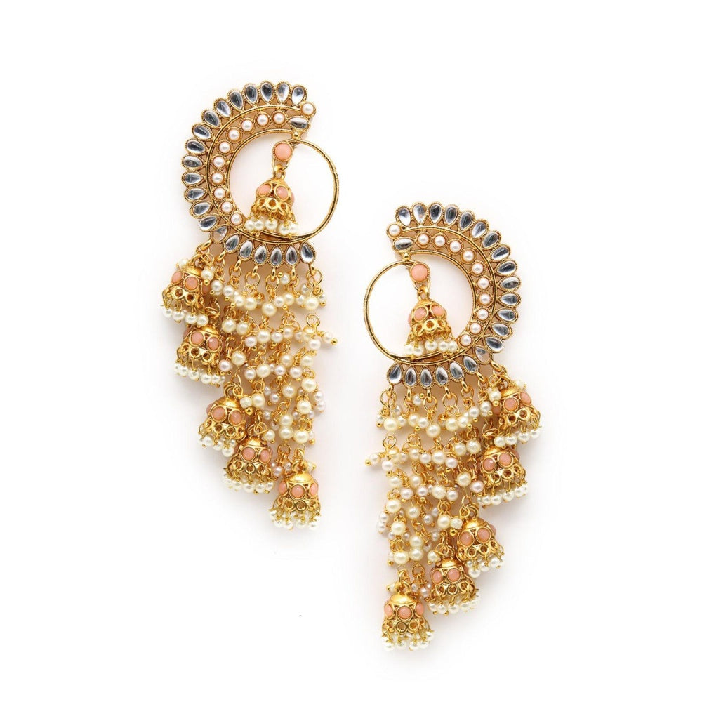 Odette Women Round And Half- Moon Ornate Kundan-Pearl Peach Earrings With Jhumkas