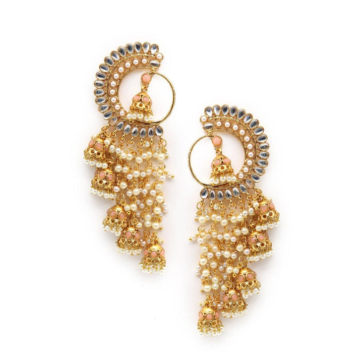 Odette Women Round And Half- Moon Ornate Kundan-Pearl Peach Earrings With Jhumkas