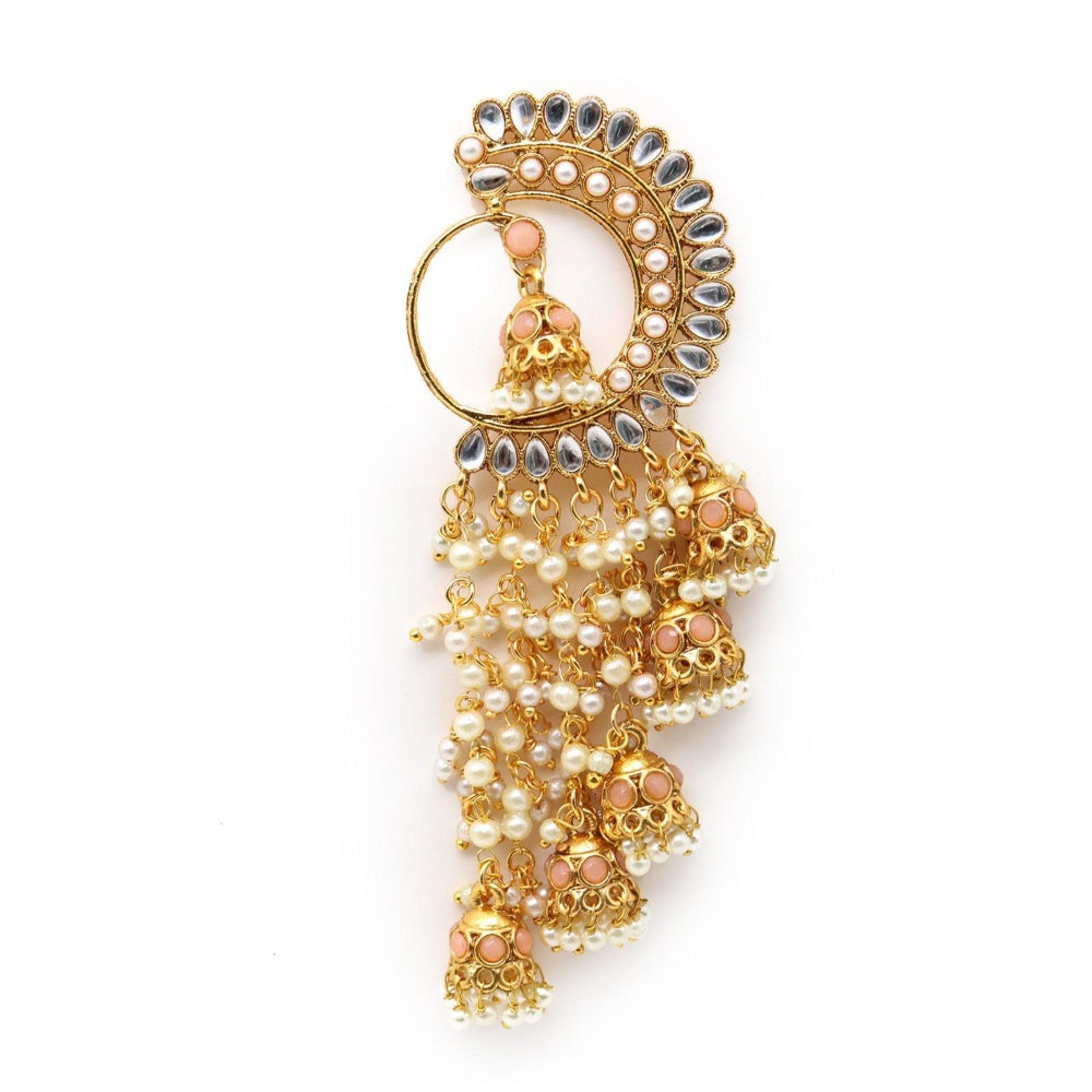 Odette Women Round And Half- Moon Ornate Kundan-Pearl Peach Earrings With Jhumkas