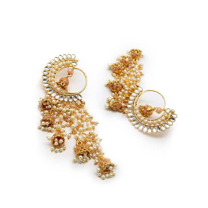 Odette Women Round And Half- Moon Ornate Kundan-Pearl Peach Earrings With Jhumkas