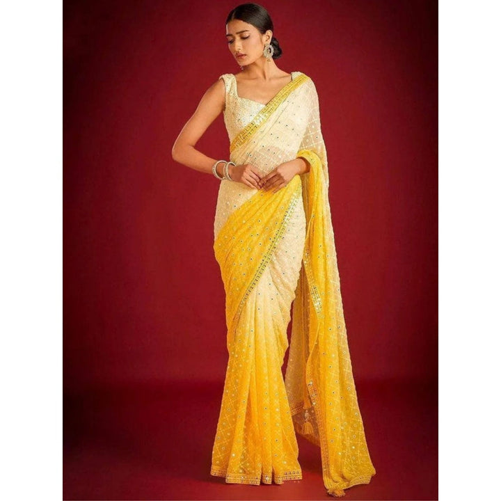 Odette Yellow Embroidered Georgette Saree with Unstitched Blouse