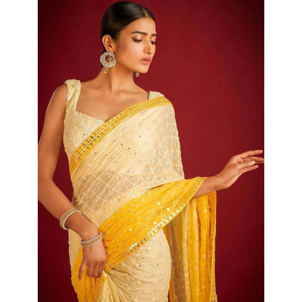 Odette Yellow Embroidered Georgette Saree with Unstitched Blouse