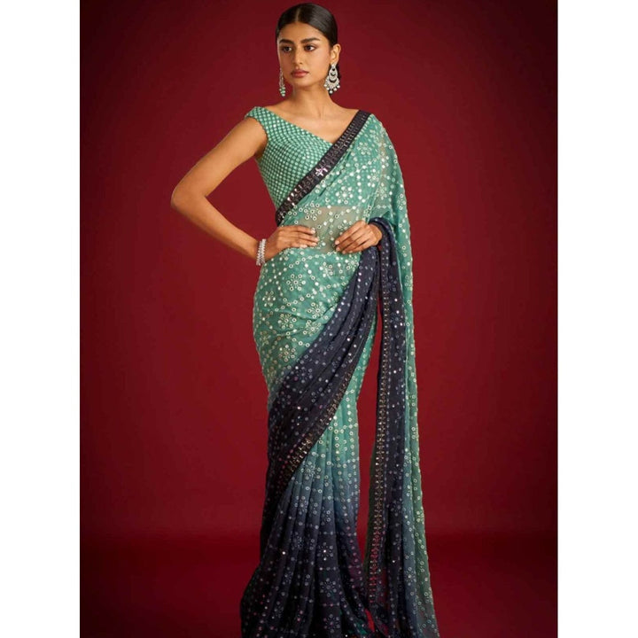 Odette Blue Embroidered Georgette Saree with Unstitched Blouse