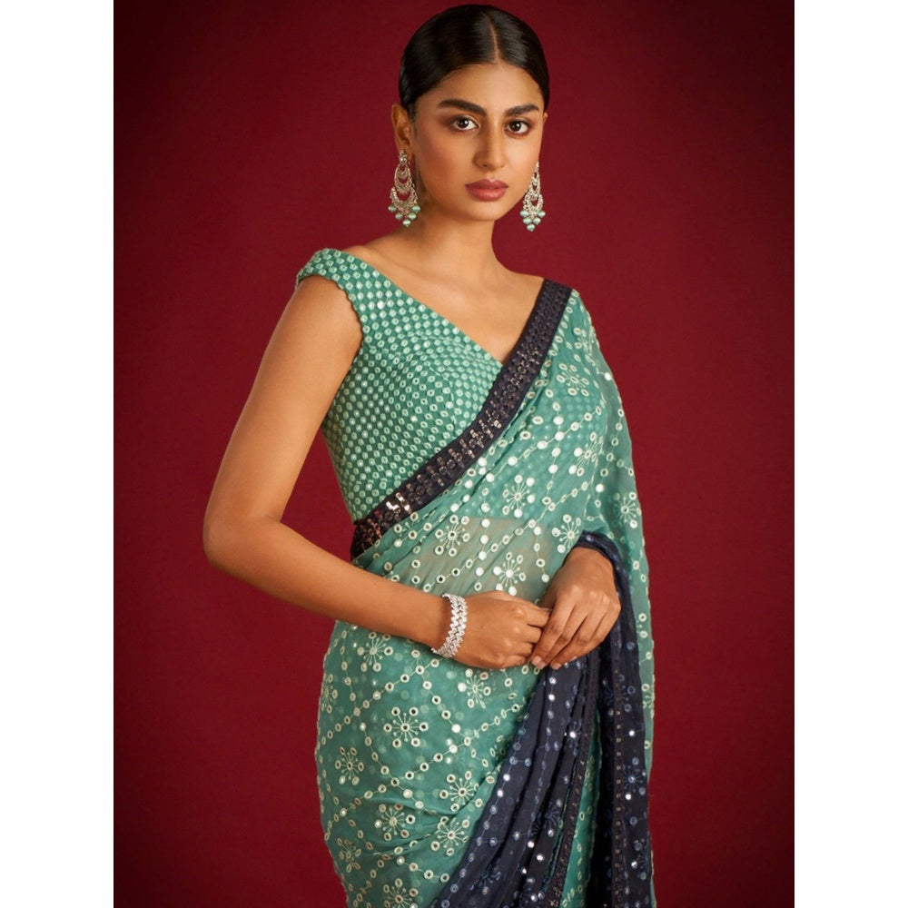 Odette Blue Embroidered Georgette Saree with Unstitched Blouse