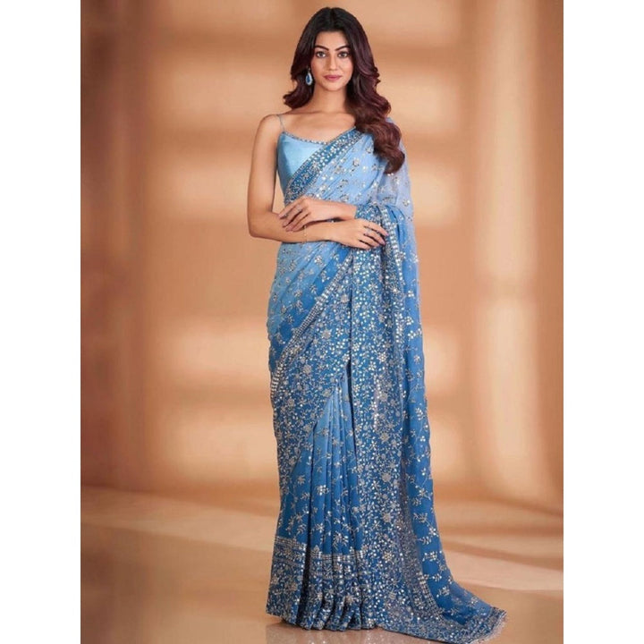 Odette Blue Embroidered Georgette Saree with Unstitched Blouse