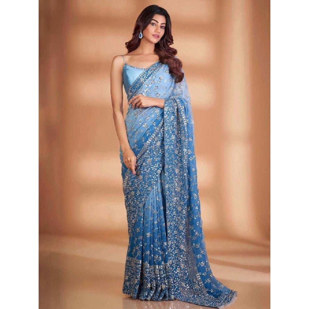 Odette Blue Embroidered Georgette Saree with Unstitched Blouse