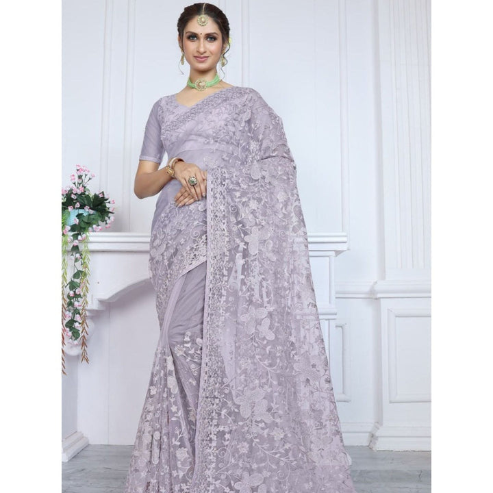 Odette Lavender Embroidered Net Saree with Unstitched Blouse