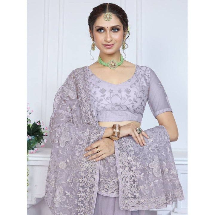 Odette Lavender Embroidered Net Saree with Unstitched Blouse