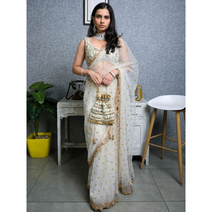 Odette White Embroidered Net Saree with Unstitched Blouse