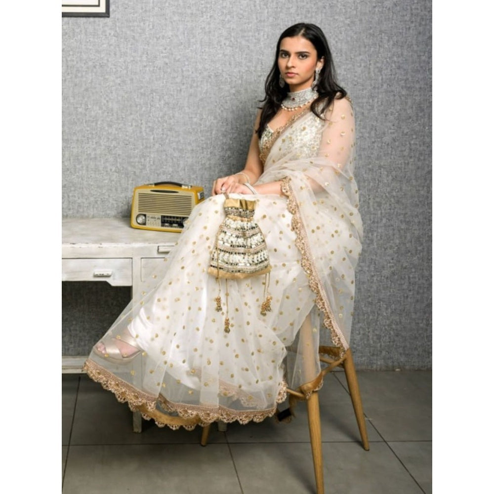 Odette White Embroidered Net Saree with Unstitched Blouse