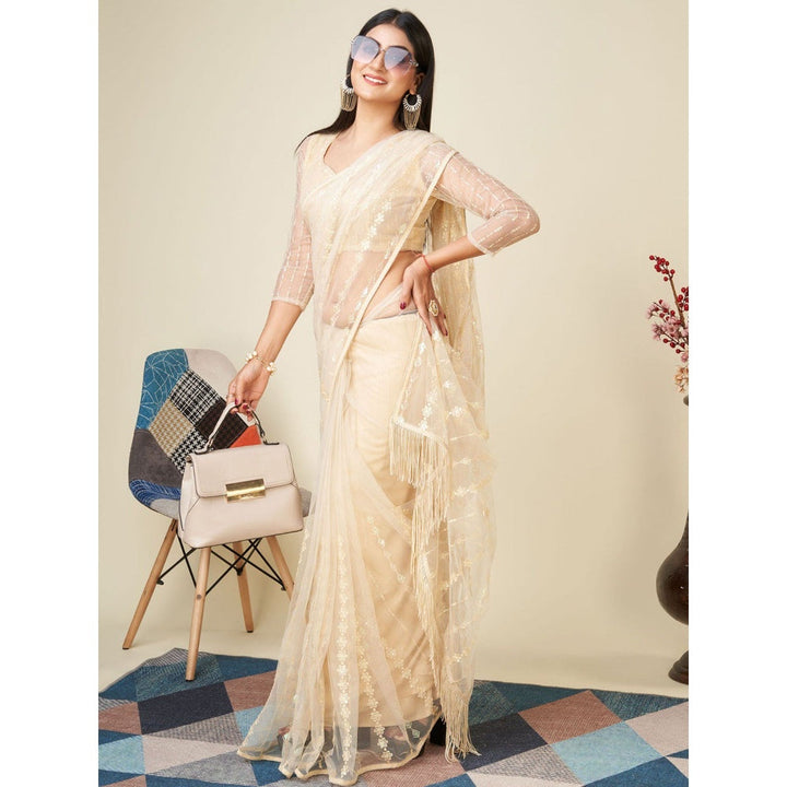 Odette Cream Embellished Net Saree with Unstitched Blouse