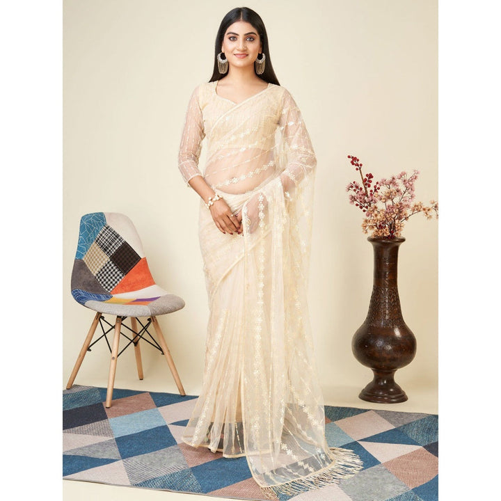 Odette Cream Embellished Net Saree with Unstitched Blouse