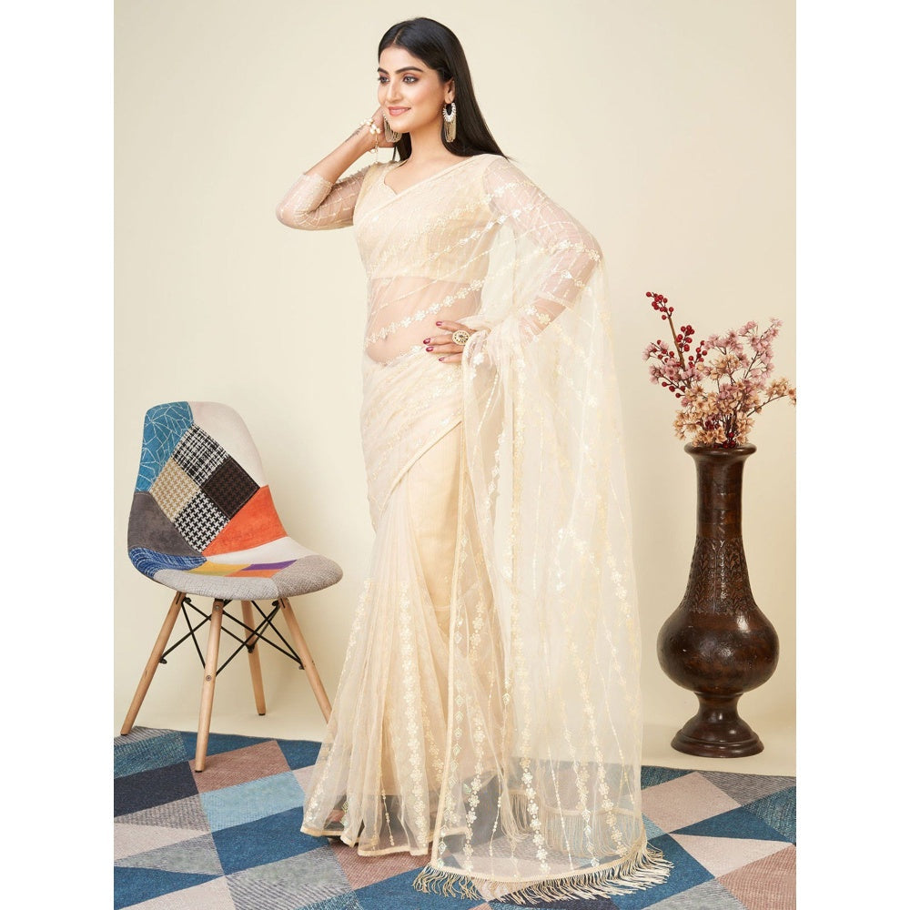 Odette Cream Embellished Net Saree with Unstitched Blouse