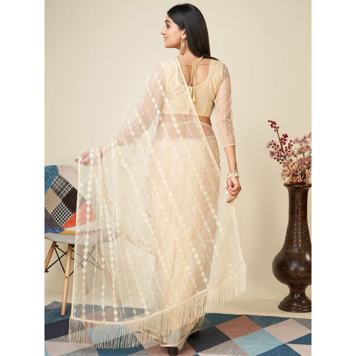 Odette Cream Embellished Net Saree with Unstitched Blouse