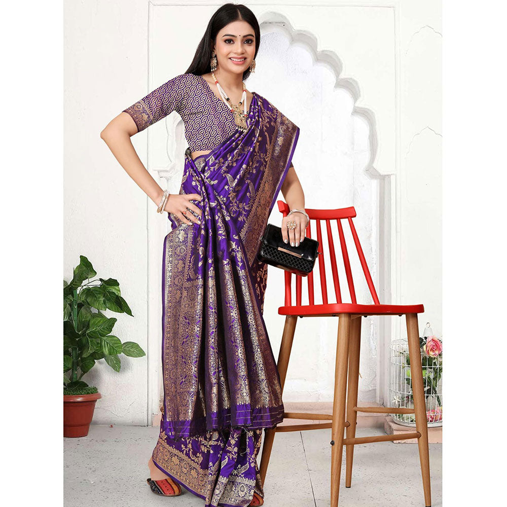 Odette Purple Woven Banarasi Silk Saree with Unstitched Blouse