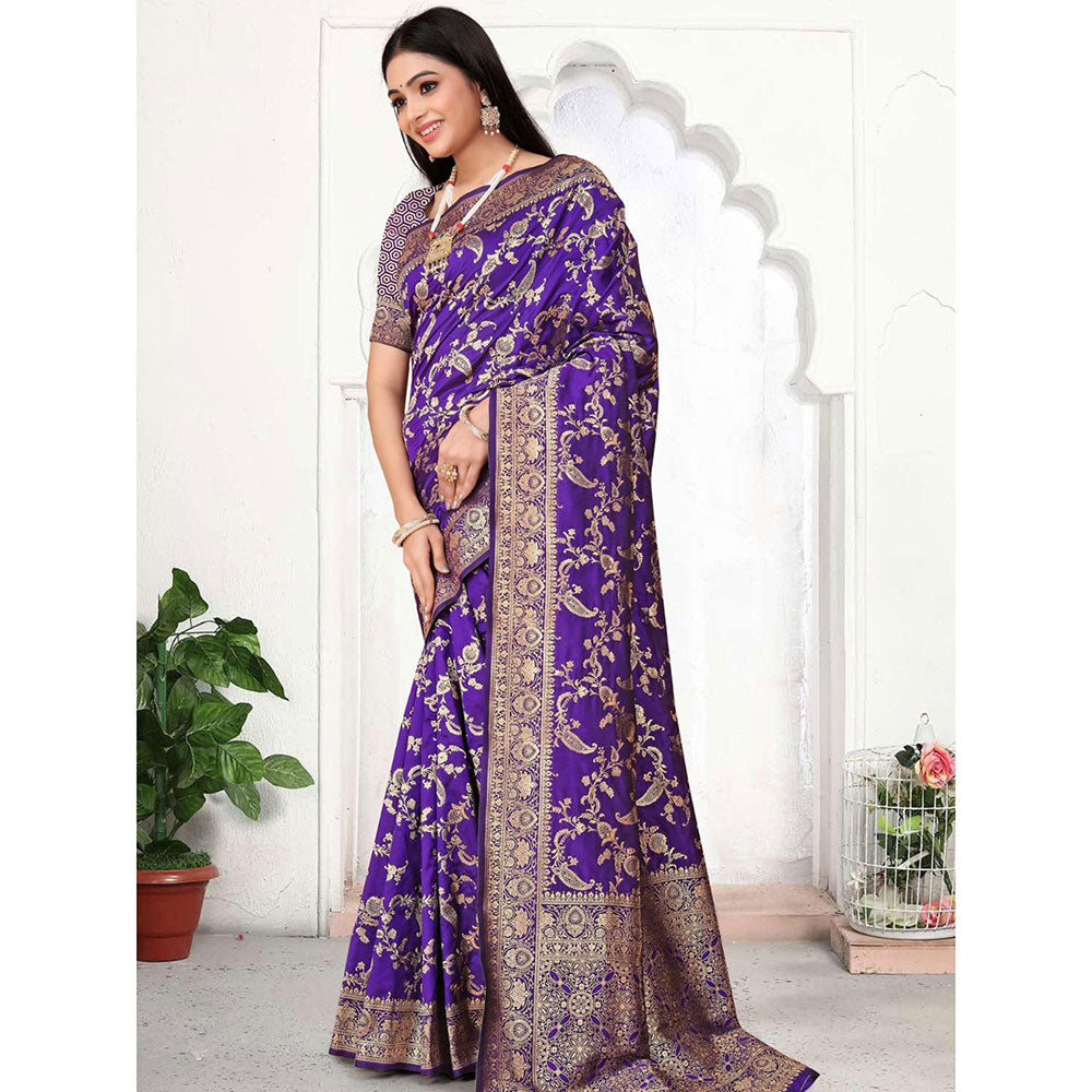 Odette Purple Woven Banarasi Silk Saree with Unstitched Blouse