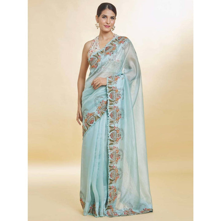 Odette Sky Blue Embroidered Organza Saree with Unstitched Blouse