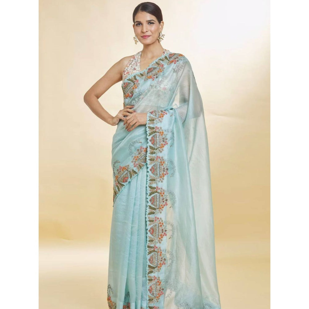 Odette Sky Blue Embroidered Organza Saree with Unstitched Blouse