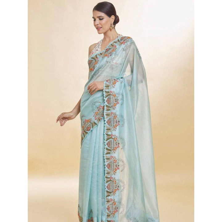 Odette Sky Blue Embroidered Organza Saree with Unstitched Blouse