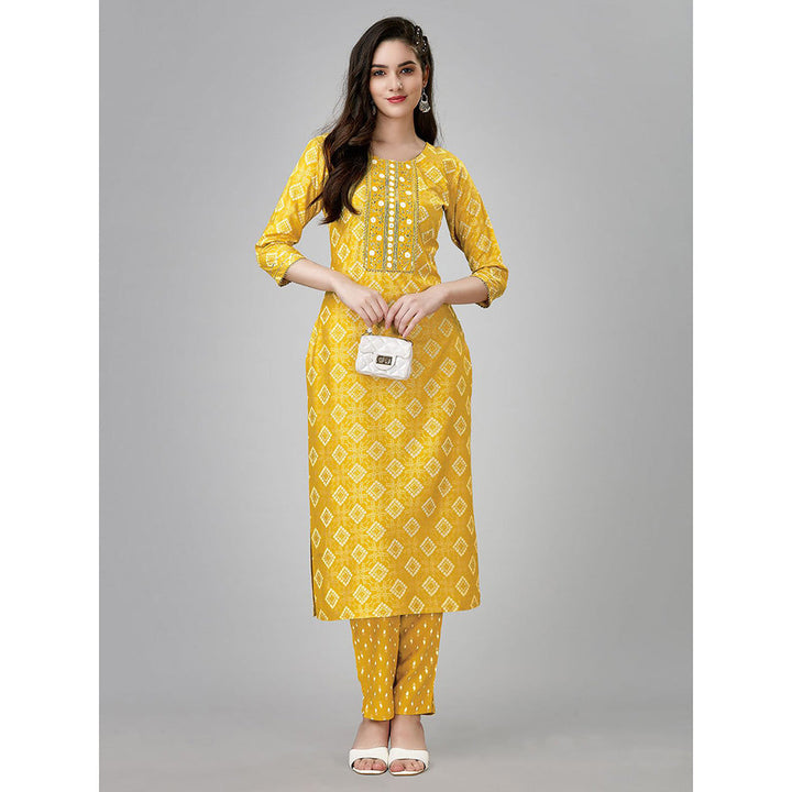 Odette Yellow Embroidered Rayon Kurta with Pant (Set of 2)