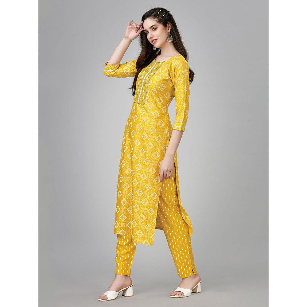 Odette Yellow Embroidered Rayon Kurta with Pant (Set of 2)