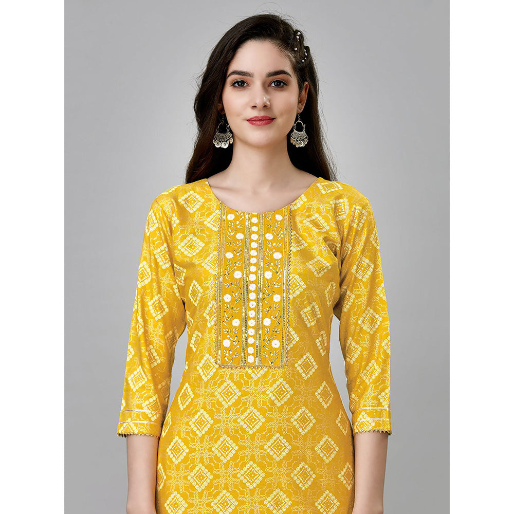 Odette Yellow Embroidered Rayon Kurta with Pant (Set of 2)