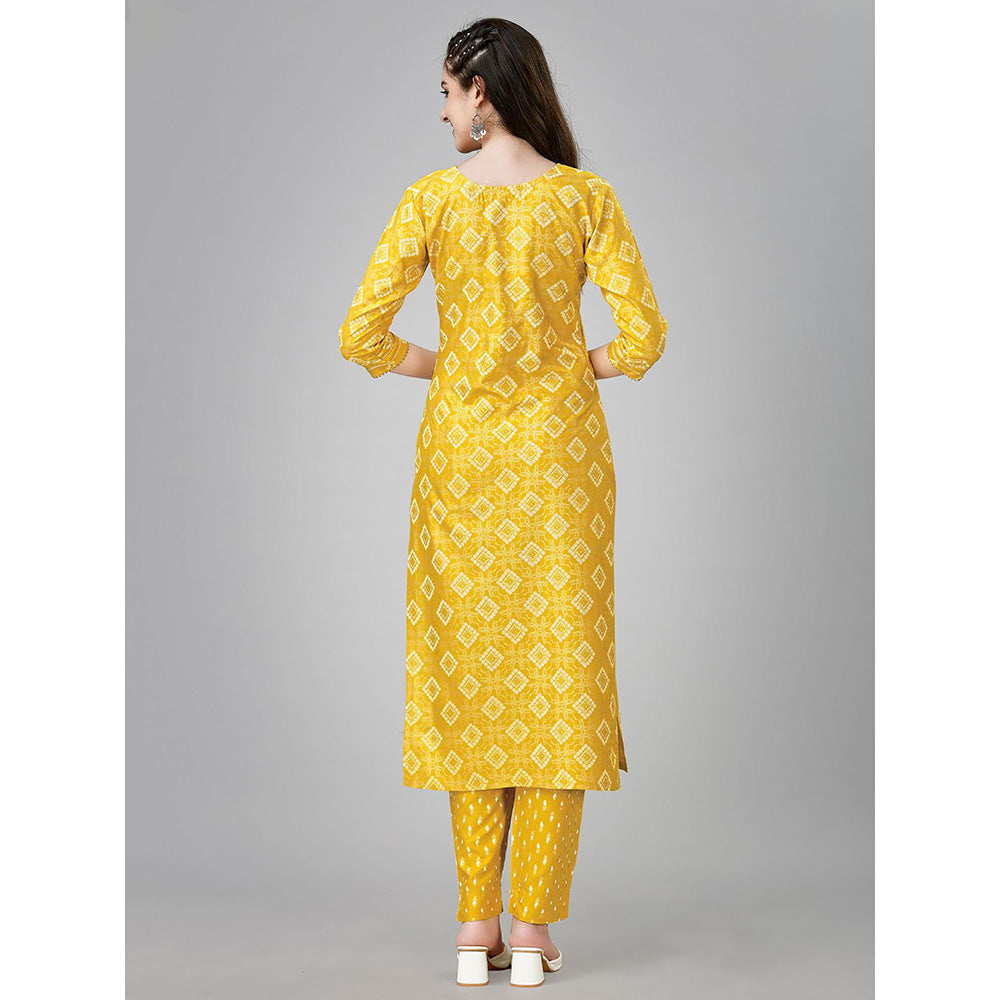 Odette Yellow Embroidered Rayon Kurta with Pant (Set of 2)