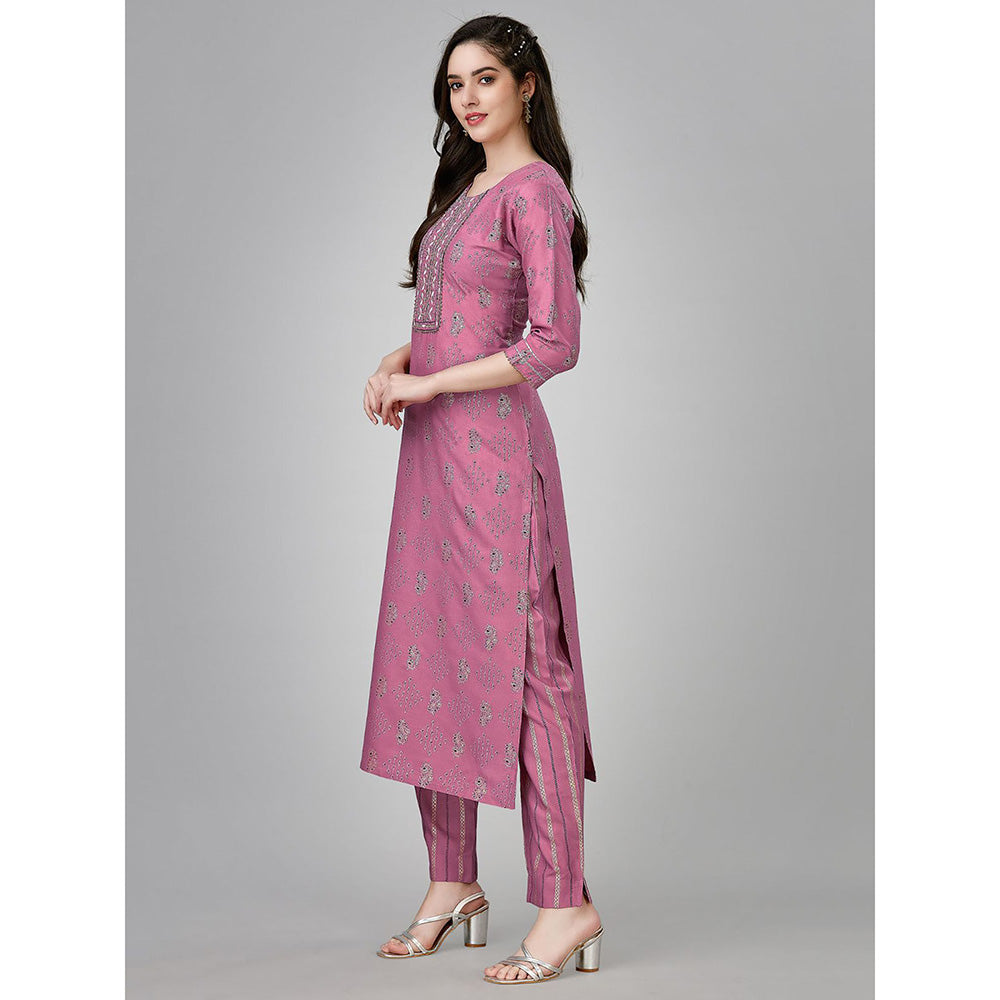 Odette Purple Embroidered Rayon Kurta with Pant (Set of 2)