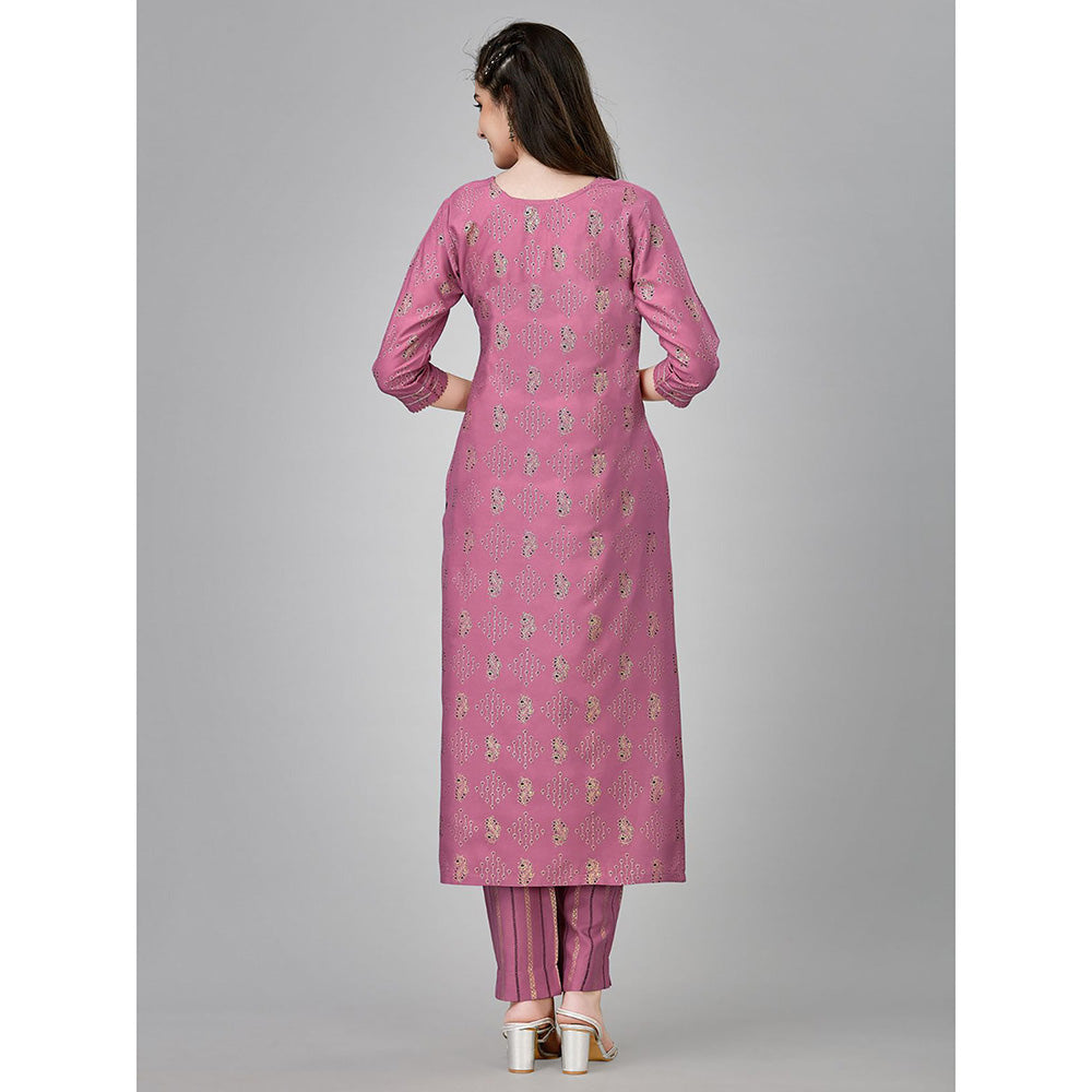 Odette Purple Embroidered Rayon Kurta with Pant (Set of 2)