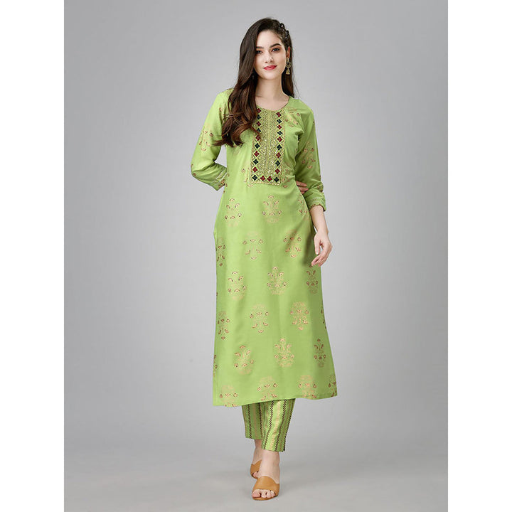 Odette Light Green Embroidered Rayon Kurta with Pant (Set of 2)