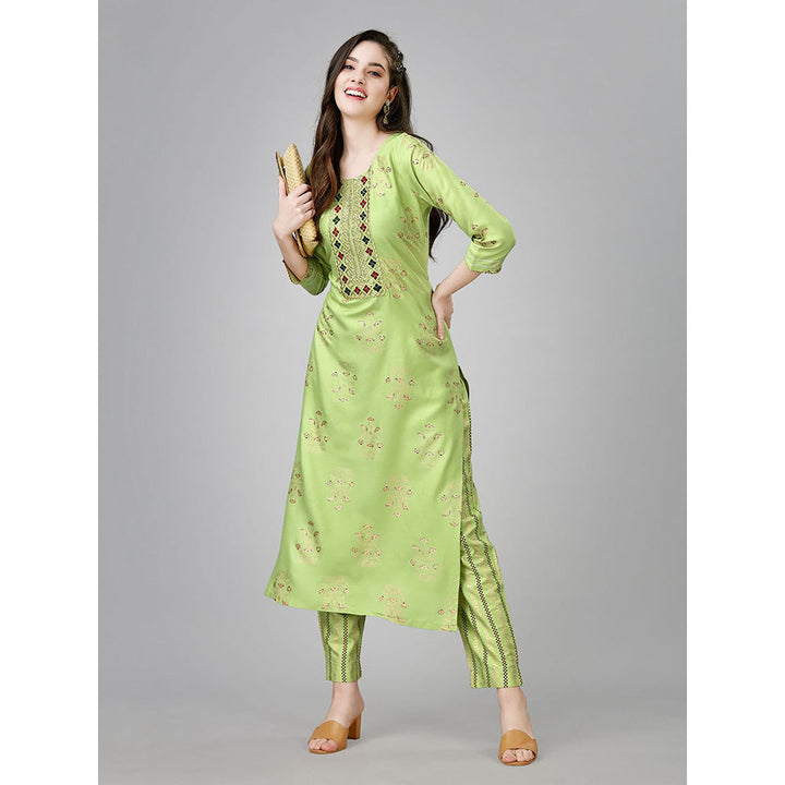 Odette Light Green Embroidered Rayon Kurta with Pant (Set of 2)