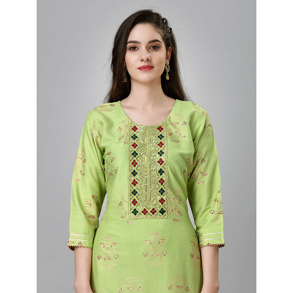 Odette Light Green Embroidered Rayon Kurta with Pant (Set of 2)