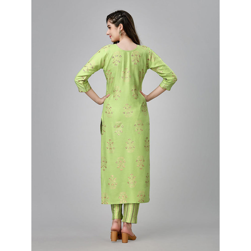 Odette Light Green Embroidered Rayon Kurta with Pant (Set of 2)