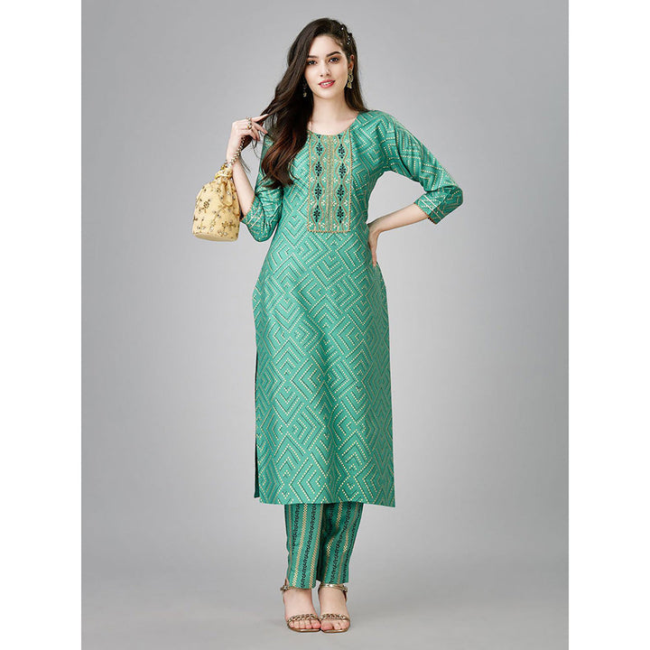 Odette Green Sequined Rayon Kurta with Pant (Set of 2)