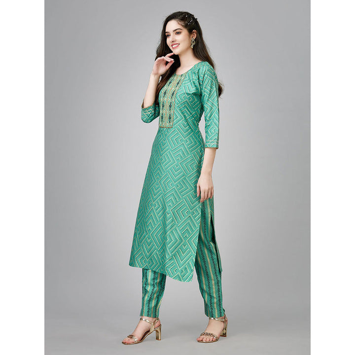 Odette Green Sequined Rayon Kurta with Pant (Set of 2)