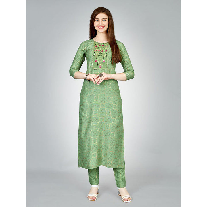 Odette Light Green Embroidered Rayon Kurta with Pant (Set of 2)